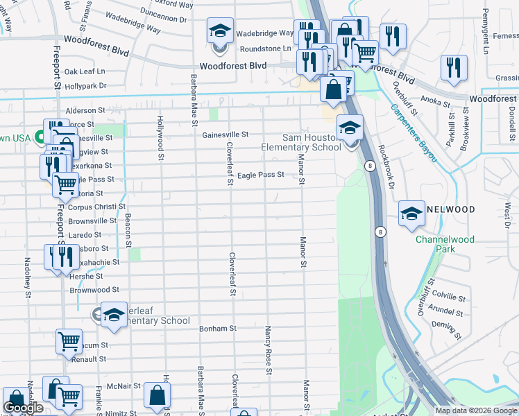 map of restaurants, bars, coffee shops, grocery stores, and more near 14437 Brownsville Street in Houston