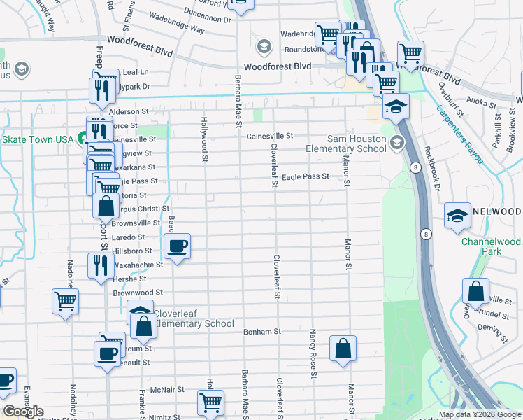 map of restaurants, bars, coffee shops, grocery stores, and more near 14319 Brownsville Street in Houston