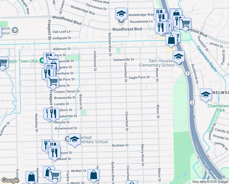 map of restaurants, bars, coffee shops, grocery stores, and more near 14319 Brownsville Street in Houston