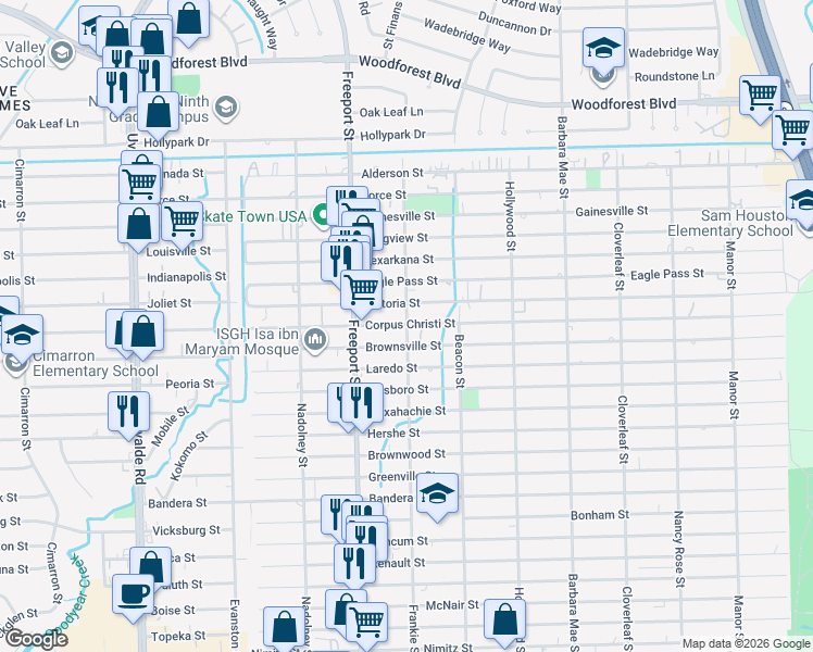 map of restaurants, bars, coffee shops, grocery stores, and more near 13944 Corpus Christi Street in Houston