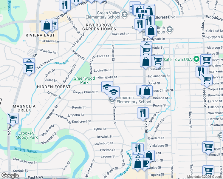 map of restaurants, bars, coffee shops, grocery stores, and more near 13225 Corpus Christi Street in Houston