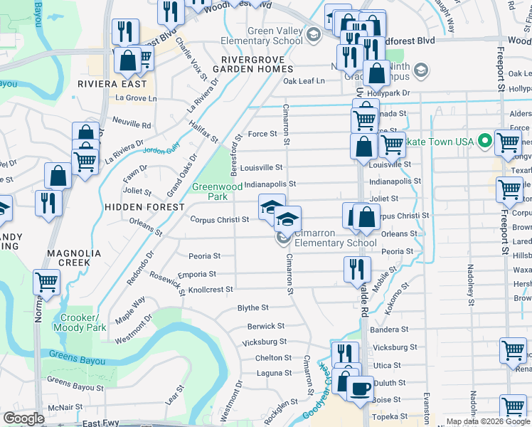 map of restaurants, bars, coffee shops, grocery stores, and more near 13129 Corpus Christi Street in Houston