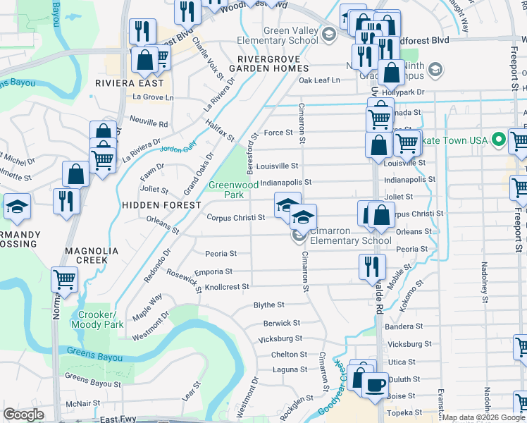 map of restaurants, bars, coffee shops, grocery stores, and more near 13129 Corpus Christi Street in Houston