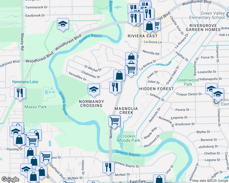 map of restaurants, bars, coffee shops, grocery stores, and more near 12526 Orleans Street in Houston