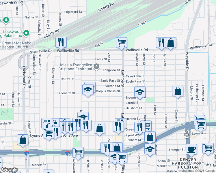 map of restaurants, bars, coffee shops, grocery stores, and more near 6607 Corpus Christi Street in Houston