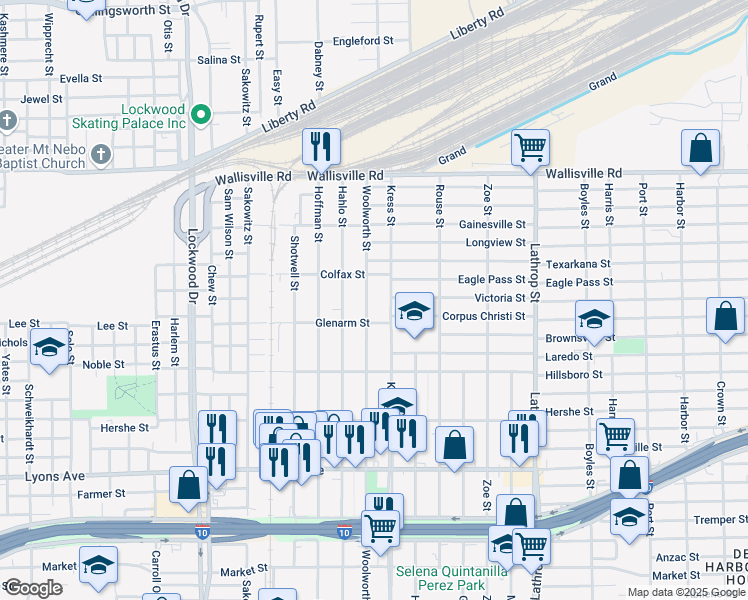 map of restaurants, bars, coffee shops, grocery stores, and more near 334 Woolworth Street in Houston
