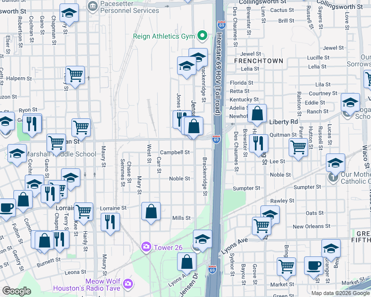 map of restaurants, bars, coffee shops, grocery stores, and more near 2616 Campbell Street in Houston