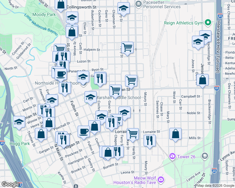 map of restaurants, bars, coffee shops, grocery stores, and more near 1415 Campbell Street in Houston