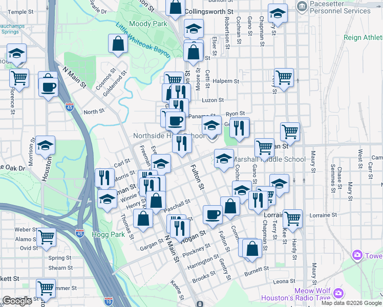 map of restaurants, bars, coffee shops, grocery stores, and more near 1107 Quitman Street in Houston