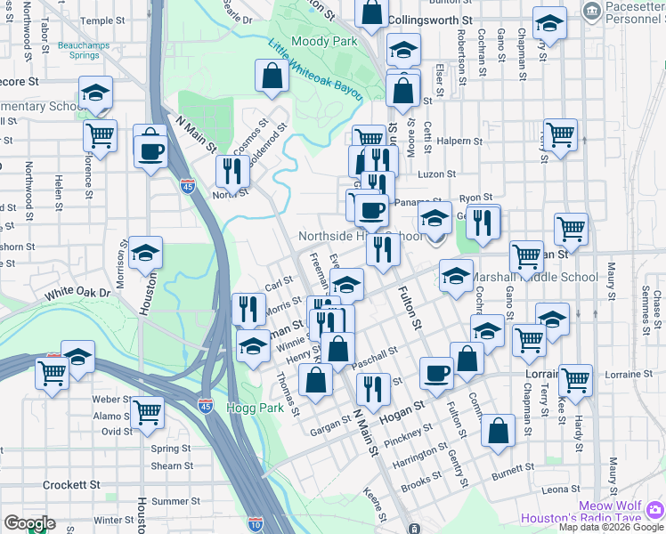 map of restaurants, bars, coffee shops, grocery stores, and more near 2324 Everett Street in Houston