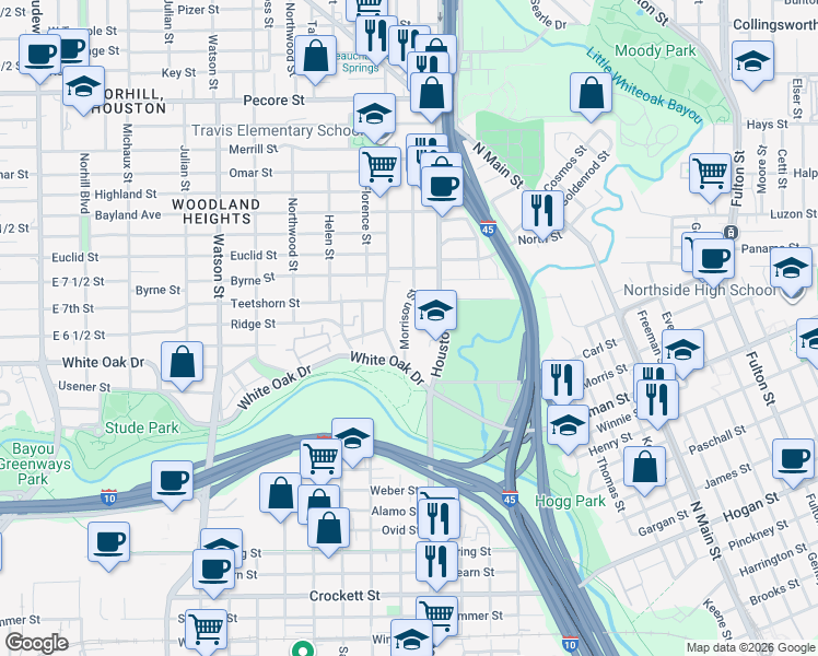 map of restaurants, bars, coffee shops, grocery stores, and more near 134 Vieux Carre Drive in Houston