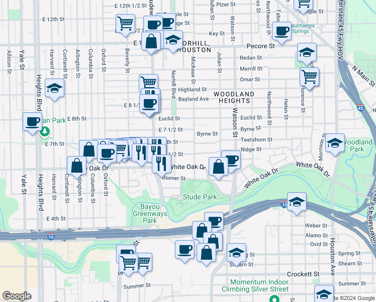 map of restaurants, bars, coffee shops, grocery stores, and more near 1016 East 6 1/2 Street in Houston