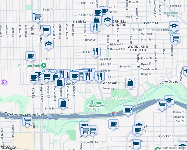 map of restaurants, bars, coffee shops, grocery stores, and more near 745 East 6 1/2 Street in Houston