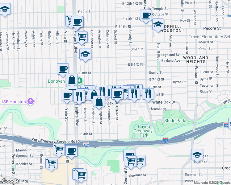 map of restaurants, bars, coffee shops, grocery stores, and more near 622 Columbia Street in Houston