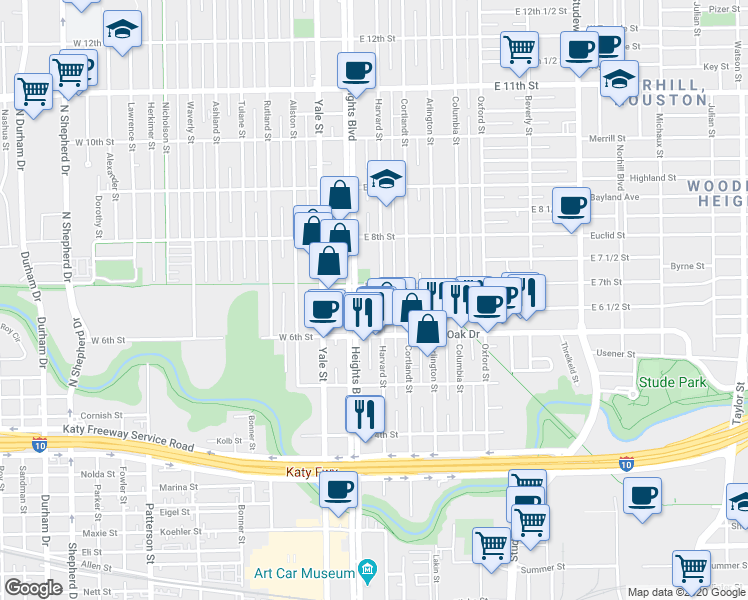 map of restaurants, bars, coffee shops, grocery stores, and more near 602 Heights Boulevard in Houston