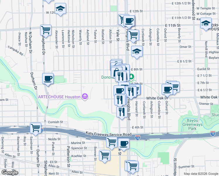 map of restaurants, bars, coffee shops, grocery stores, and more near 625 Allston Street in Houston
