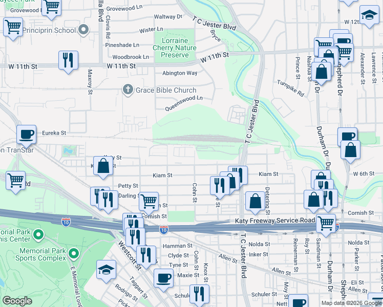 map of restaurants, bars, coffee shops, grocery stores, and more near 5609 Cohn Meadow Lane in Houston