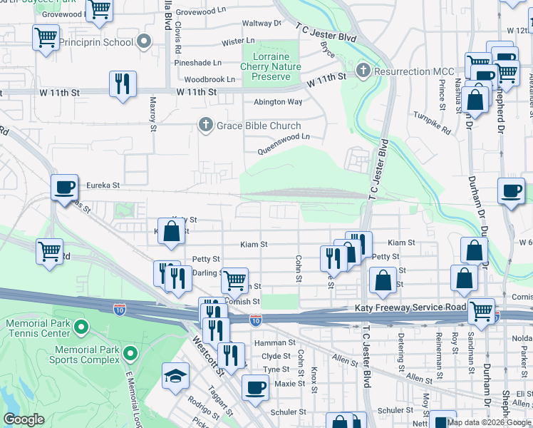 map of restaurants, bars, coffee shops, grocery stores, and more near 2703 Cohn Garden Lane in Houston