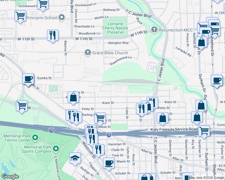 map of restaurants, bars, coffee shops, grocery stores, and more near 2703 Cohn Garden Lane in Houston