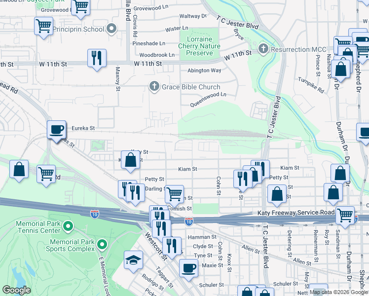 map of restaurants, bars, coffee shops, grocery stores, and more near 5723 Arabelle Lake Street in Houston