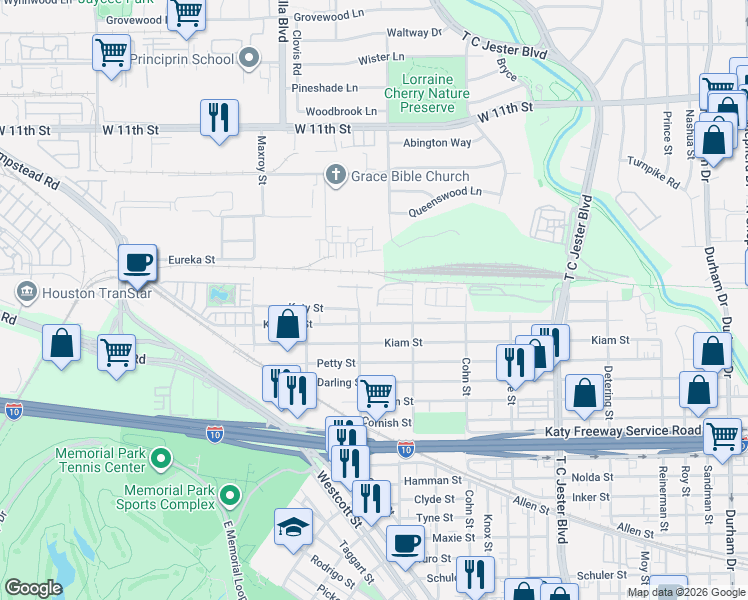 map of restaurants, bars, coffee shops, grocery stores, and more near 5725 Arabelle Lake Street in Houston