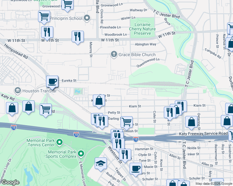 map of restaurants, bars, coffee shops, grocery stores, and more near 2705 Sherwin Street in Houston
