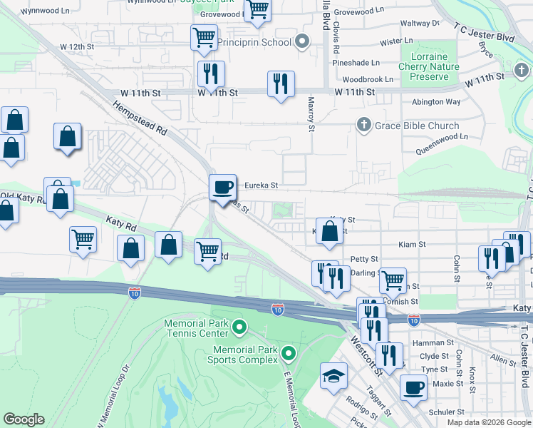 map of restaurants, bars, coffee shops, grocery stores, and more near 6043 Matthew Oaks Place in Houston