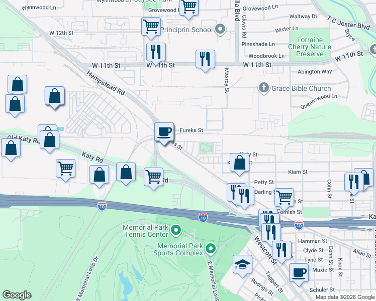 map of restaurants, bars, coffee shops, grocery stores, and more near 2702 Stelter Place in Houston