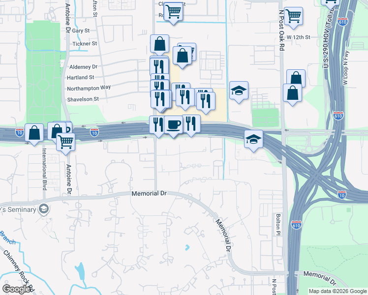 map of restaurants, bars, coffee shops, grocery stores, and more near 9210 Kenilworth Drive in Houston