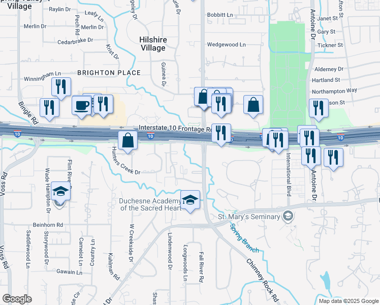 map of restaurants, bars, coffee shops, grocery stores, and more near 909 Chimney Rock Road in Houston