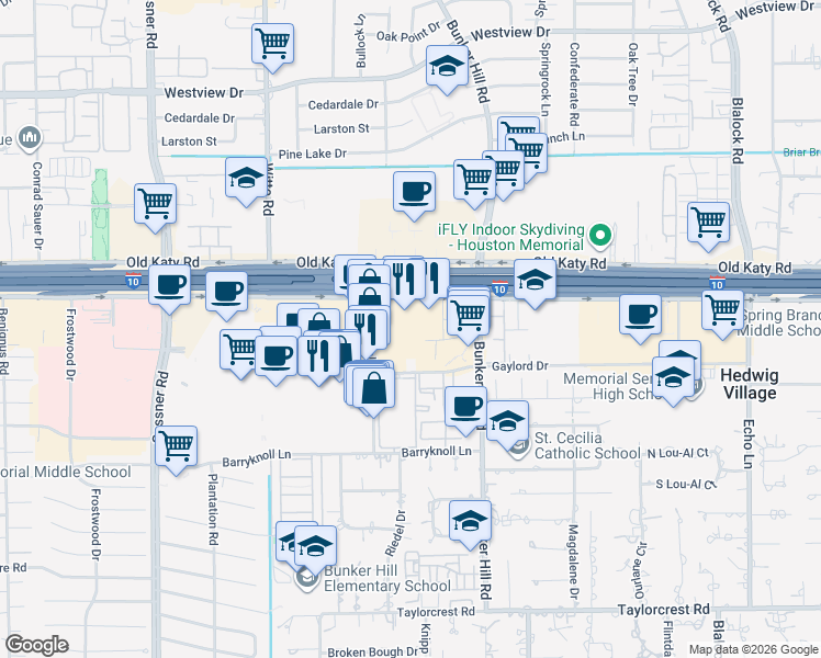 map of restaurants, bars, coffee shops, grocery stores, and more near 960 Memorial City Way in Houston