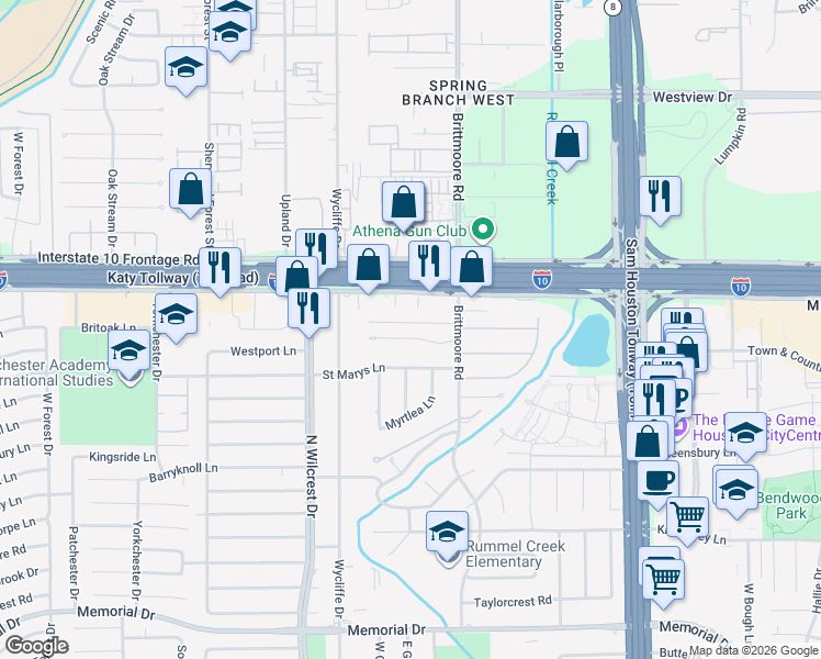 map of restaurants, bars, coffee shops, grocery stores, and more near 10910 Britoak Lane in Houston