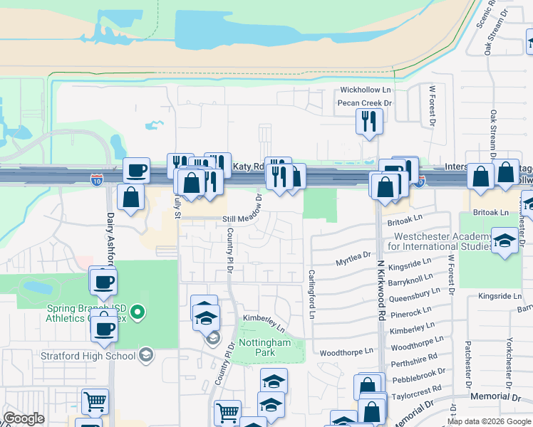 map of restaurants, bars, coffee shops, grocery stores, and more near 14309 Country Place Circle in Houston