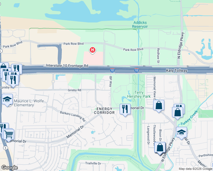 map of restaurants, bars, coffee shops, grocery stores, and more near 14000 Grisby Road in Houston