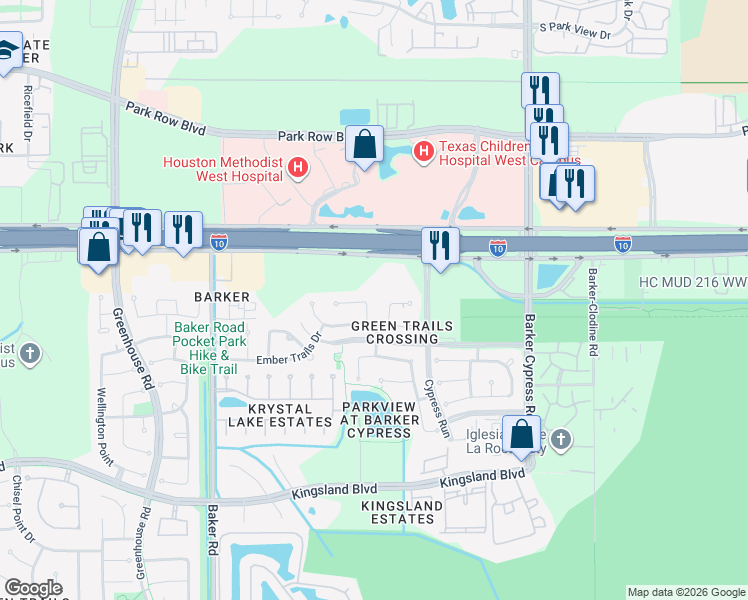 map of restaurants, bars, coffee shops, grocery stores, and more near 134 Townsend Mill Court in Houston