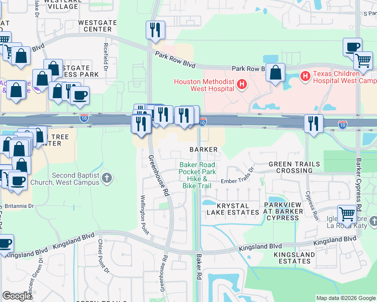 map of restaurants, bars, coffee shops, grocery stores, and more near 19102 East Larah Lane in Houston