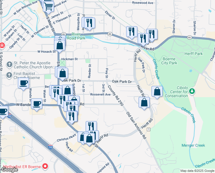 map of restaurants, bars, coffee shops, grocery stores, and more near 414 Frey Street in Boerne