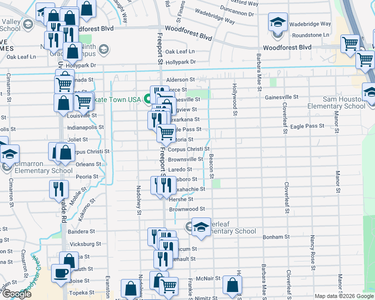 map of restaurants, bars, coffee shops, grocery stores, and more near 13944 Corpus Christi Street in Houston