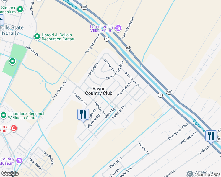 map of restaurants, bars, coffee shops, grocery stores, and more near 300-318 College Ln in Thibodaux