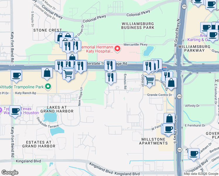 map of restaurants, bars, coffee shops, grocery stores, and more near 24151 Bella Dolce Lane in Katy