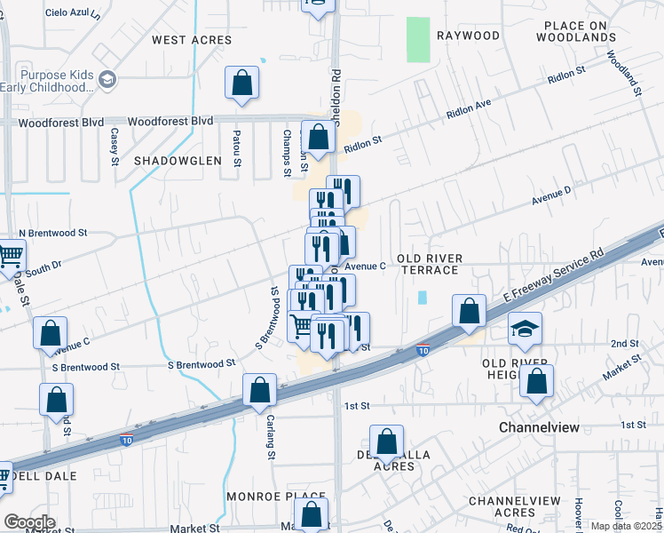 map of restaurants, bars, coffee shops, grocery stores, and more near Sheldon Road & Avenue C in Channelview