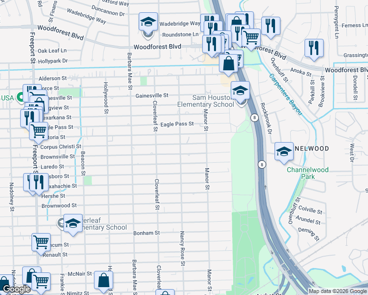 map of restaurants, bars, coffee shops, grocery stores, and more near 14504 Corpus Christi Street in Houston