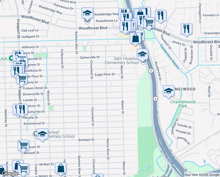 map of restaurants, bars, coffee shops, grocery stores, and more near 14506 Corpus Christi Street in Houston