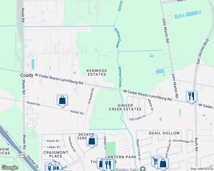 map of restaurants, bars, coffee shops, grocery stores, and more near 3418 West Cedar Bayou Lynchburg Road in Baytown