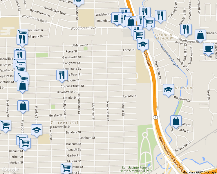 map of restaurants, bars, coffee shops, grocery stores, and more near 14437 Brownsville Street in Houston