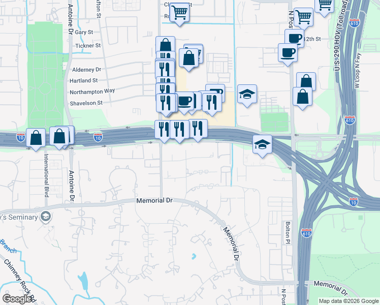 map of restaurants, bars, coffee shops, grocery stores, and more near 9210 Kenilworth Drive in Houston