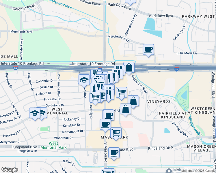 map of restaurants, bars, coffee shops, grocery stores, and more near 223 South Mason Road in Katy