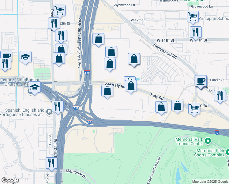 map of restaurants, bars, coffee shops, grocery stores, and more near 7155 Old Katy Road in Houston