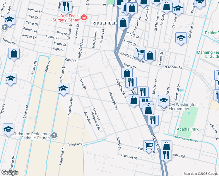 map of restaurants, bars, coffee shops, grocery stores, and more near 1513 Himalaya Avenue in Thibodaux
