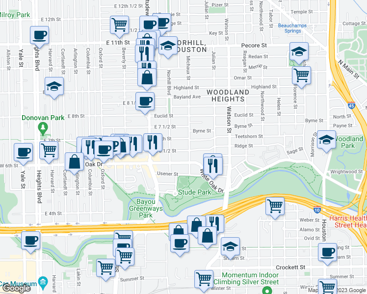 map of restaurants, bars, coffee shops, grocery stores, and more near 1016 East 6 1/2 Street in Houston